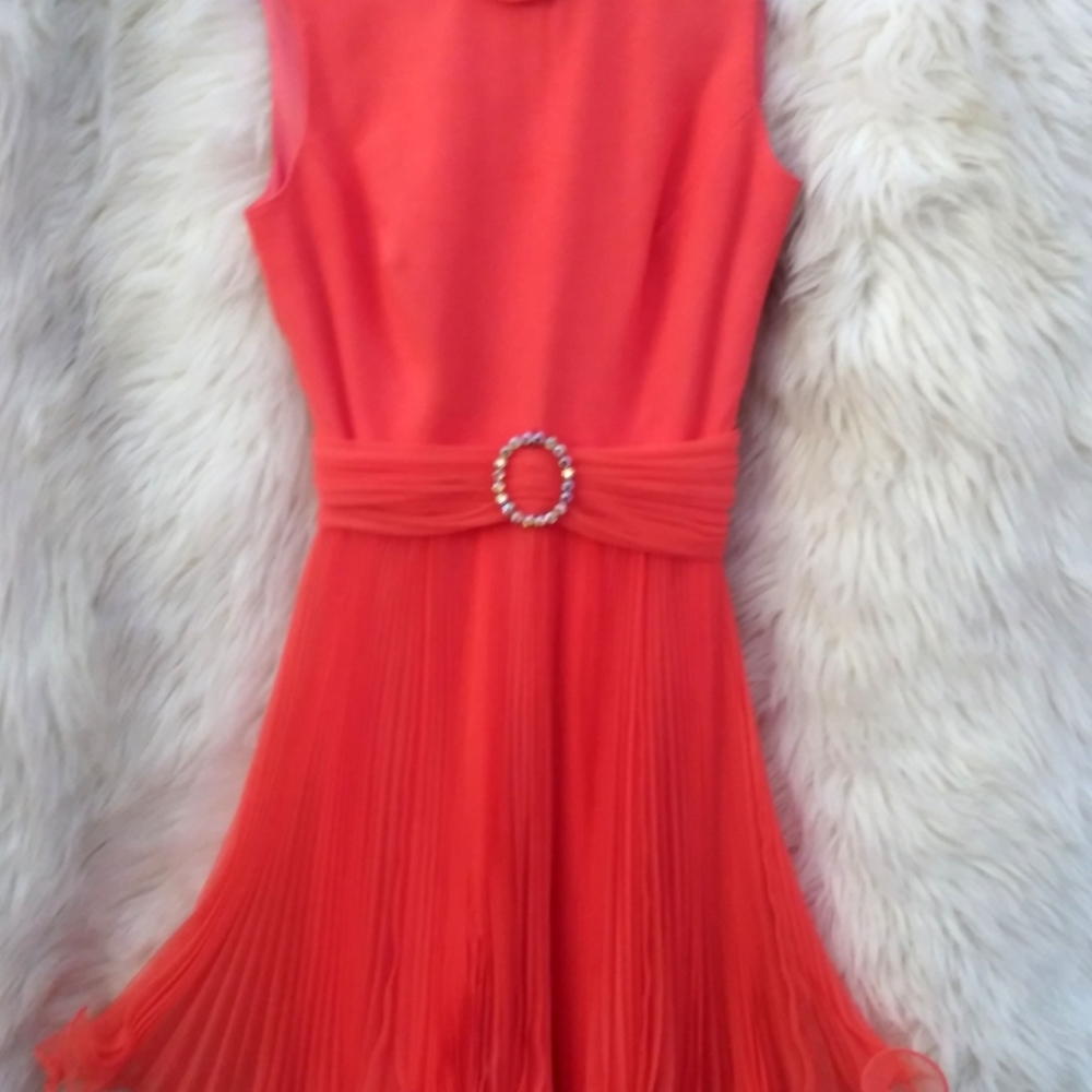 Vintage Jack Bryan Dress Chiffon Coral 60s Pleated Lettuce Ruffle Skirt Small - Picture 5 of 9